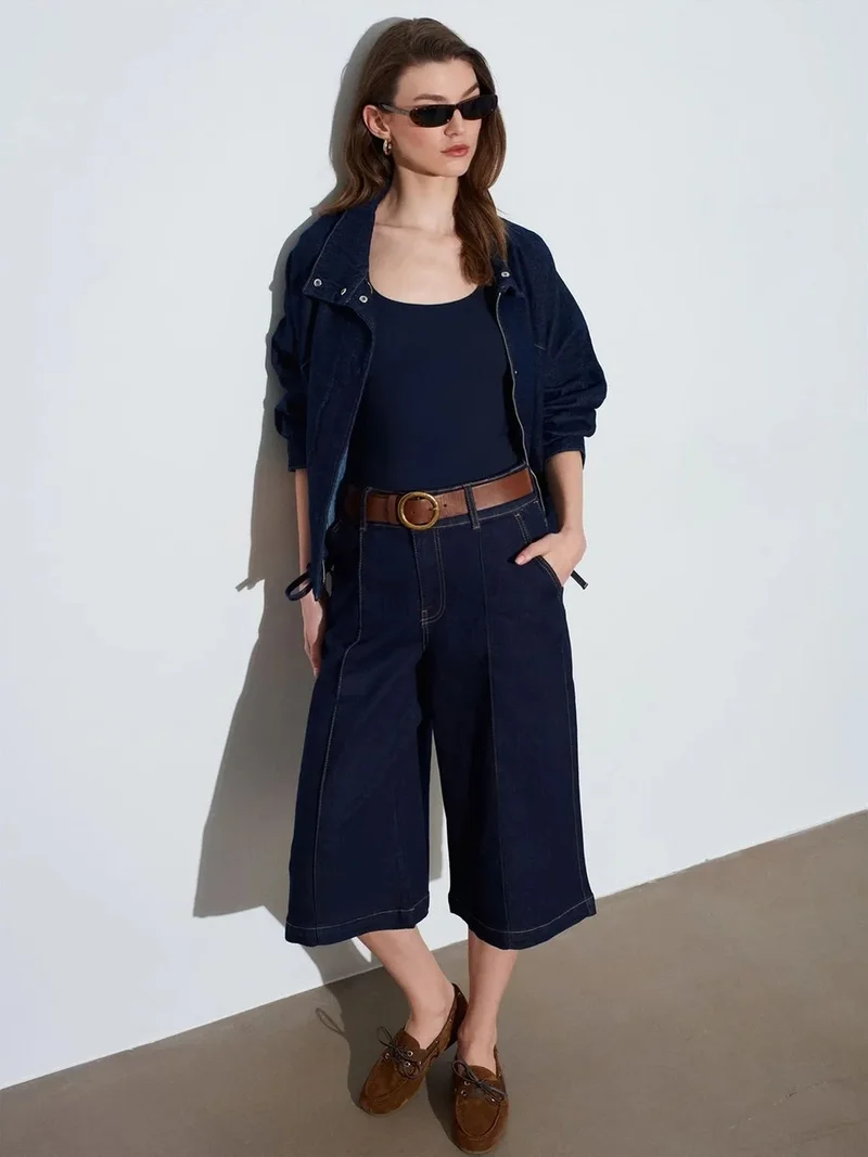 Dilvin Dilvin High-Waist Wide-Leg Denim Shorts