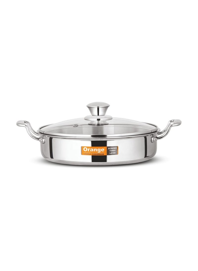 Orange Orange Stainless Steel Triply Cook & Serve Fry Pan/Saute Pan/Kadai/Flat Pan 2.5 litres with Glass lid and Handles| 2.5mm Thickness, 24cm Diameter | Induction cooktop Friendly | (2.5L, Steel) 