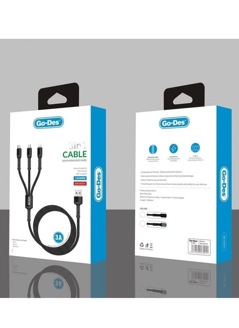 Go-Des 3-in-1 Fast Charging Data Cable: Type-C, iOS, and Micro USB, 3A, 1.2M GD-UC511V - Image 2