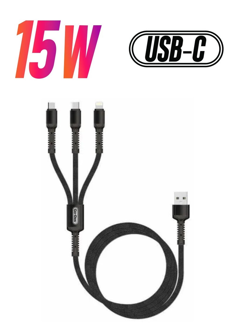 Go-Des 3-in-1 Fast Charging Data Cable: Type-C, iOS, and Micro USB, 3A, 1.2M GD-UC511V - Image 1
