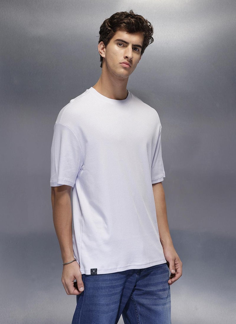 Wrogn Solid Textured Regular T-Shirt | Lavender - Image 4