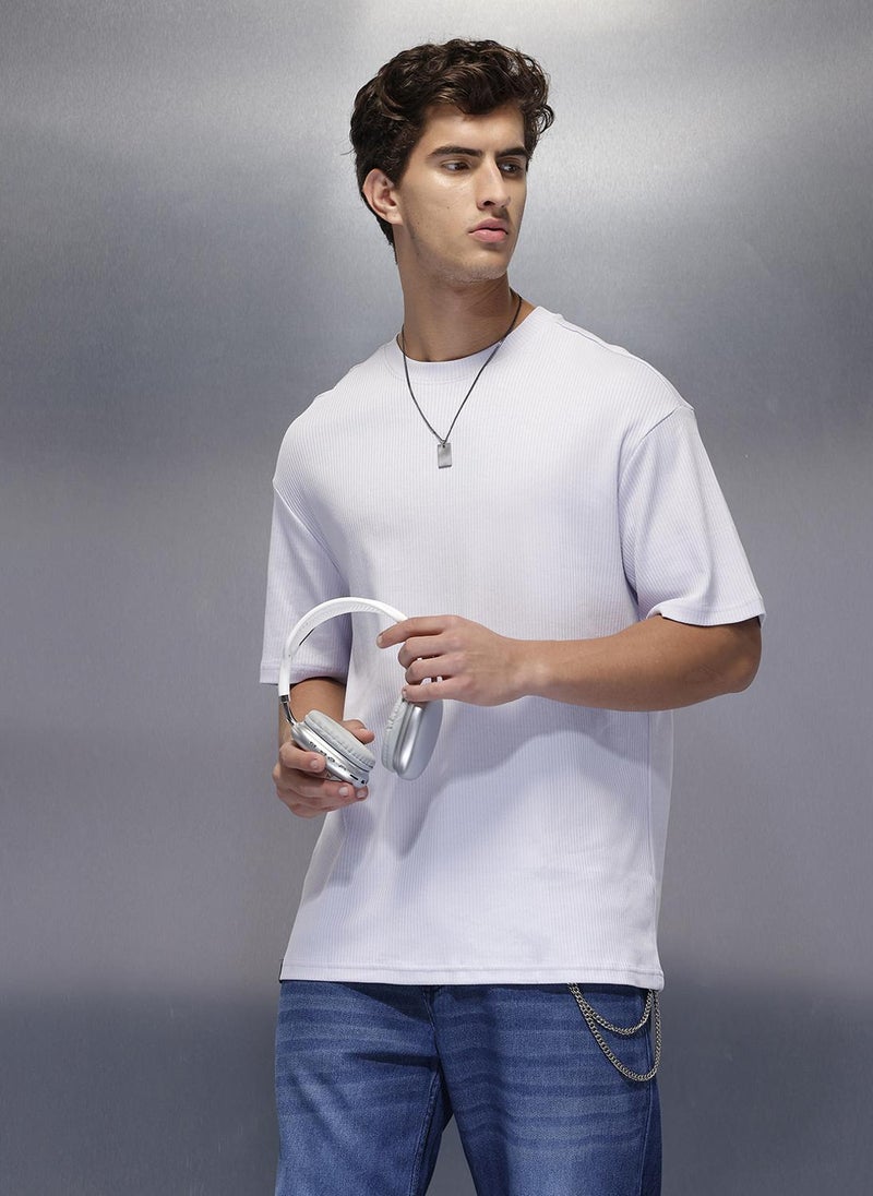 Wrogn Solid Textured Regular T-Shirt | Lavender - Image 1