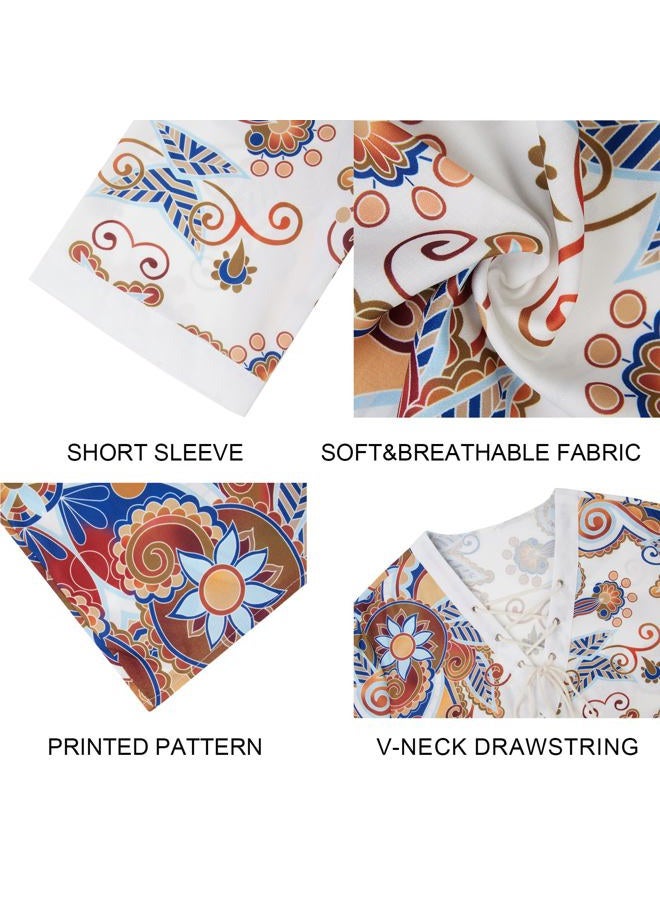 Rela Bota Men's Fashion Shirt Short Sleeve Beach V-Neck Drawstring Printing Yoga African Summer Top White M - Image 3