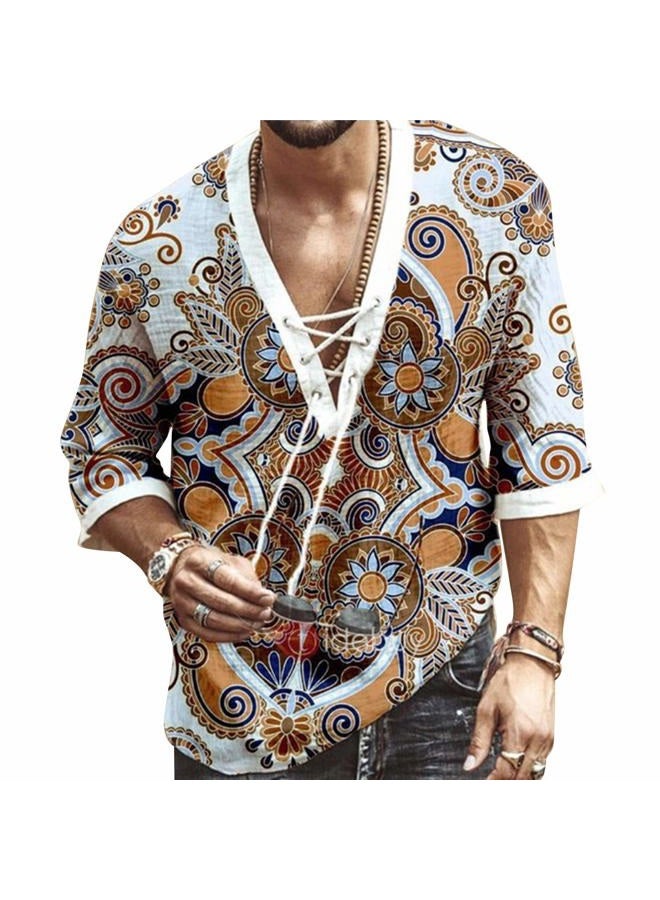 Rela Bota Men's Fashion Shirt Short Sleeve Beach V-Neck Drawstring Printing Yoga African Summer Top White M - Image 1