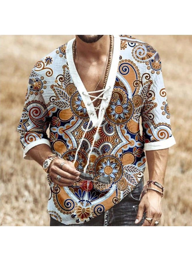 Rela Bota Men's Fashion Shirt Short Sleeve Beach V-Neck Drawstring Printing Yoga African Summer Top White M - Image 2
