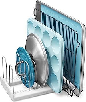 Kitwe Expandable Pot and Pan Organizer Rack 7 Pot Lid Organizer Holder Bakeware Adjustable Rack Kitchen Cabinet Organizer for Bakeware Cutting Boards - Image 1