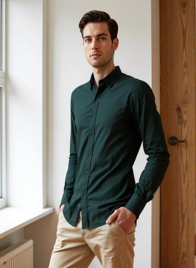 دينيس لينغو قميص رجالي قطن أخضر داكن سادة بأزرار وقياس عادي