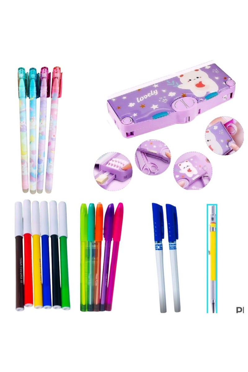 6-piece school supplies set (6-piece multi-purpose pencil case + 4-piece pencil sharpener with eraser + 4-piece highlighter pen + 4-piece gel pen + 2 fine-point pens + 6 felt-tip pens) - Image 1