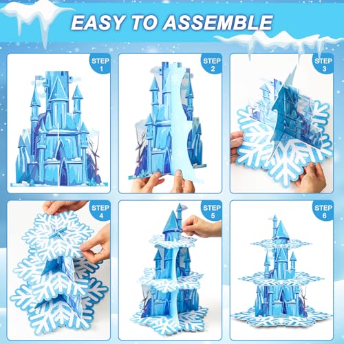 BenLouis 3 Tier Frozen Cupcake Stand - Frozen Birthday Party Supplies Winter Wonderland Baby Shower Cake Table Decoration Snowflake Cupcake Holder for Girl Kids Winter Blue Princess Party Favor - Image 2