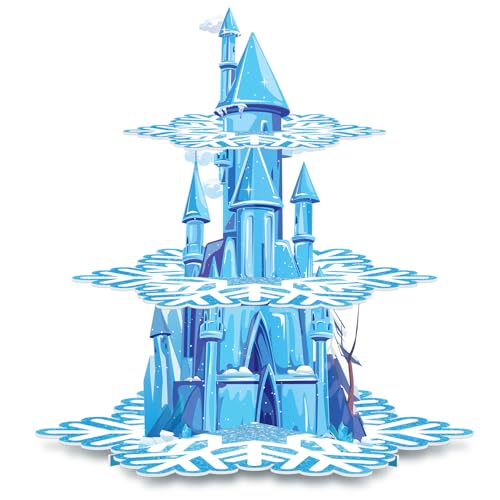 BenLouis 3 Tier Frozen Cupcake Stand - Frozen Birthday Party Supplies Winter Wonderland Baby Shower Cake Table Decoration Snowflake Cupcake Holder for Girl Kids Winter Blue Princess Party Favor - Image 1