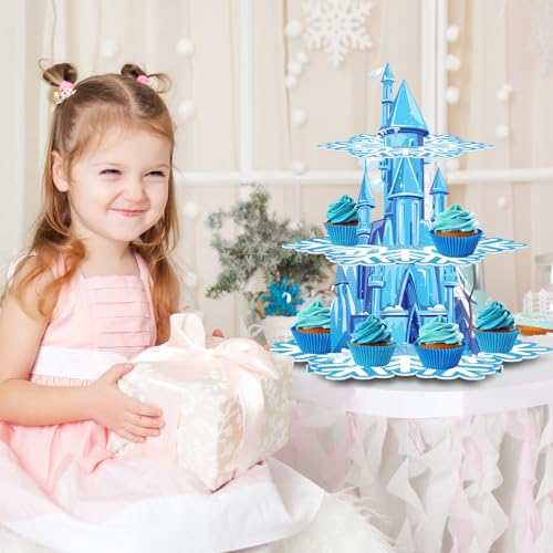 BenLouis 3 Tier Frozen Cupcake Stand - Frozen Birthday Party Supplies Winter Wonderland Baby Shower Cake Table Decoration Snowflake Cupcake Holder for Girl Kids Winter Blue Princess Party Favor - Image 5