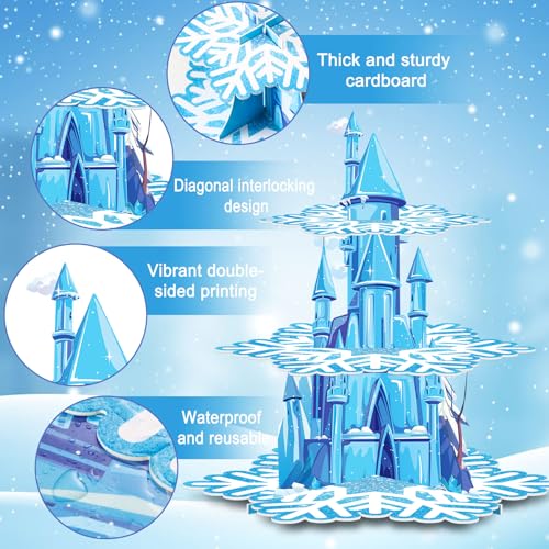 BenLouis 3 Tier Frozen Cupcake Stand - Frozen Birthday Party Supplies Winter Wonderland Baby Shower Cake Table Decoration Snowflake Cupcake Holder for Girl Kids Winter Blue Princess Party Favor - Image 3
