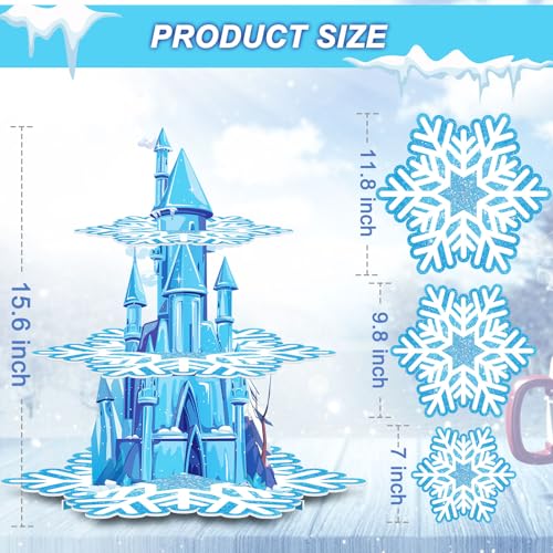 BenLouis 3 Tier Frozen Cupcake Stand - Frozen Birthday Party Supplies Winter Wonderland Baby Shower Cake Table Decoration Snowflake Cupcake Holder for Girl Kids Winter Blue Princess Party Favor - Image 4