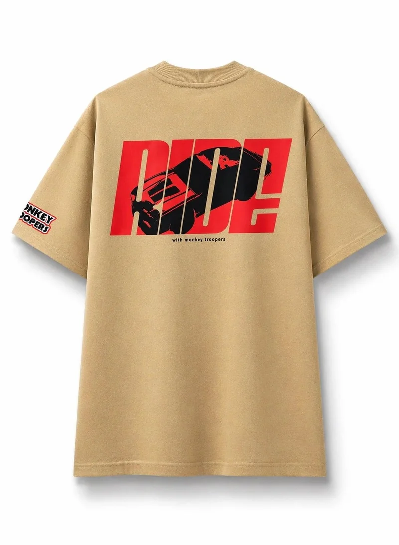 Oversized T-Shirt for Men & Women Beige RIDE Car Graphic Printed Tee 240 GSM Knitted Fabric Unisex Baggy Fit Streetwear