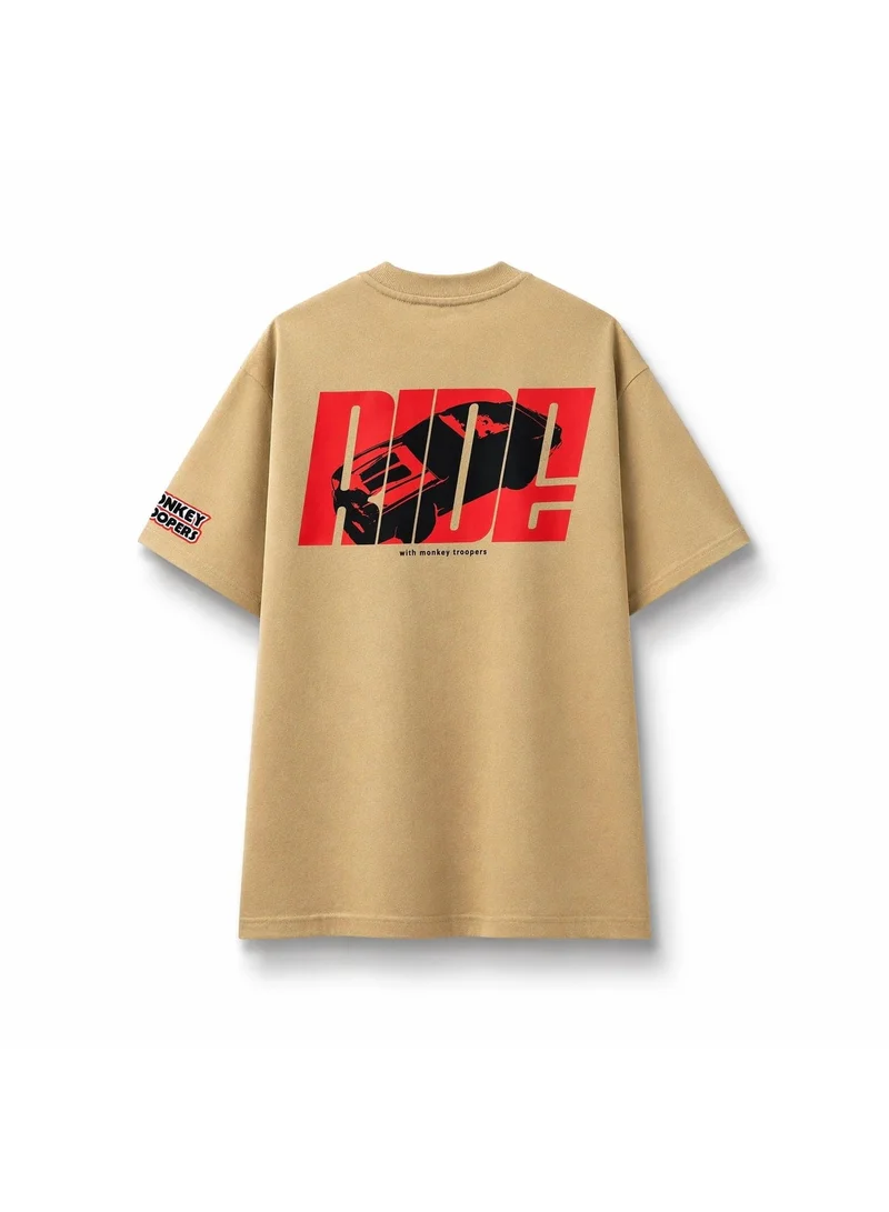 Monkey Troopers Oversized T-Shirt for Men & Women Beige RIDE Car Graphic Printed Tee 240 GSM Knitted Fabric Unisex Baggy Fit Streetwear Small Size