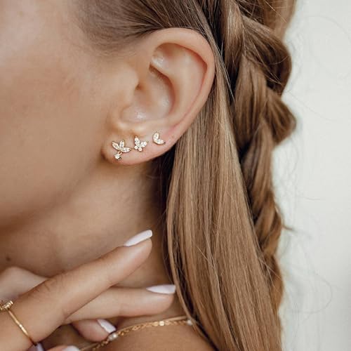 Krfy 3 Pairs Dainty 14K Gold Plated Earrings for Women - Cartilage Earring Sterling Silver Post Hypoallergenic Earring Sets for Multiple Piercing - Image 2