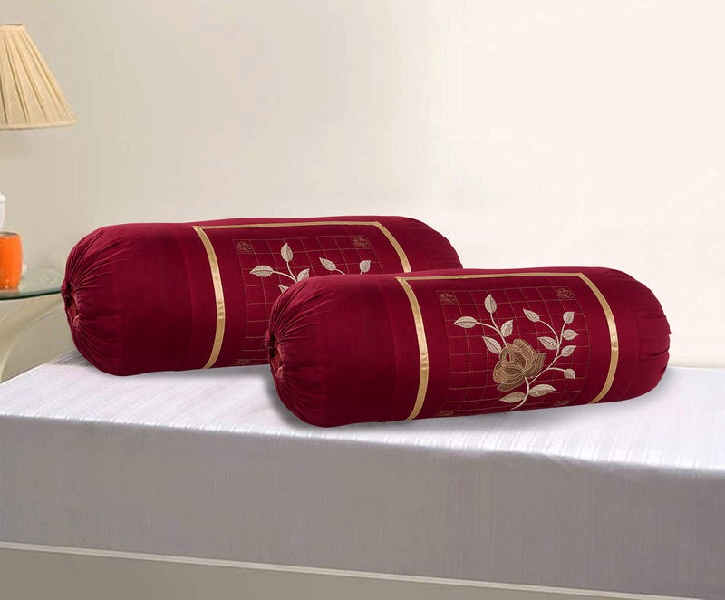 Rj Products Microfiber Rose Embroidery Bolsters Covers Set of 2 Piece (Maroon) - Image 2