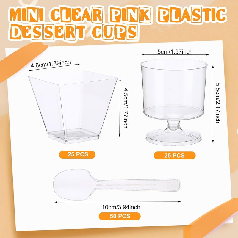 Funnymoom 100 عبوة أكواب حلوى مع ملاعق 2 أونصة أكواب حلوى بلاستيكية شفافة أكواب صغيرة مربعة كؤوس جولات بلاستيكية ملاعق بلاستيكية للفواكه الآيس كريم كعكة لوازم الحفلات شفافة - Image 4
