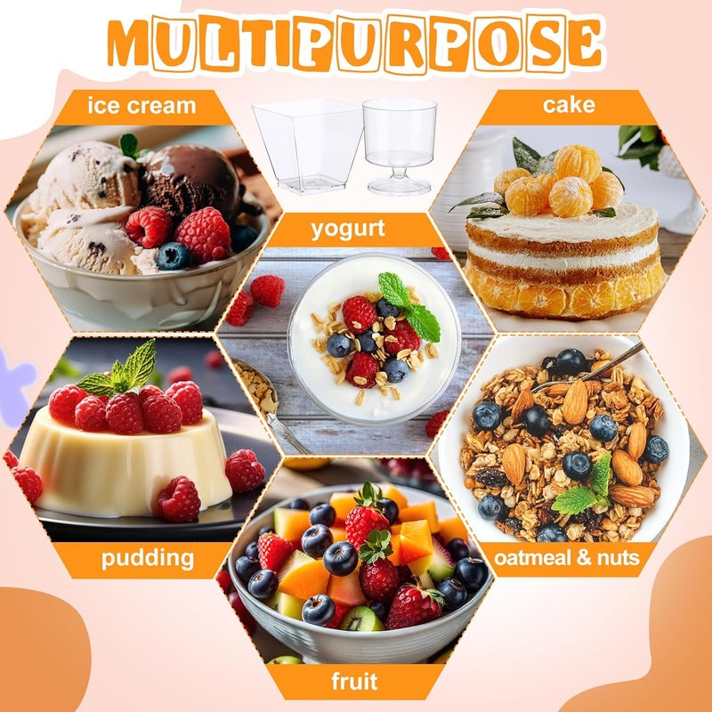 Funnymoom 100 عبوة أكواب حلوى مع ملاعق 2 أونصة أكواب حلوى بلاستيكية شفافة أكواب صغيرة مربعة كؤوس جولات بلاستيكية ملاعق بلاستيكية للفواكه الآيس كريم كعكة لوازم الحفلات شفافة - Image 3