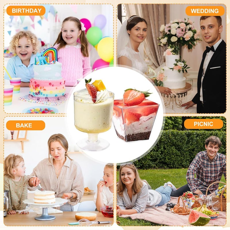 Funnymoom 100 عبوة أكواب حلوى مع ملاعق 2 أونصة أكواب حلوى بلاستيكية شفافة أكواب صغيرة مربعة كؤوس جولات بلاستيكية ملاعق بلاستيكية للفواكه الآيس كريم كعكة لوازم الحفلات شفافة - Image 2