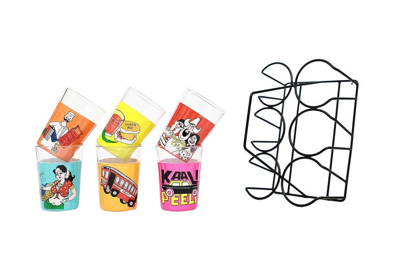 A Krazy Mug Multicolor Hand Painted Traditional Tapri Tea Glasses with Iron Container Stand Holder Set of 6 90ml - Image 1