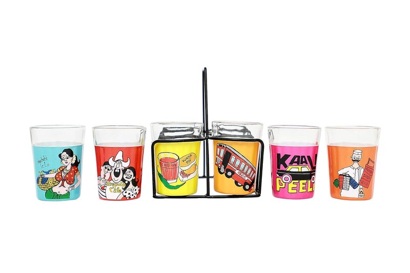 A Krazy Mug Multicolor Hand Painted Traditional Tapri Tea Glasses with Iron Container Stand Holder Set of 6 90ml - Image 3