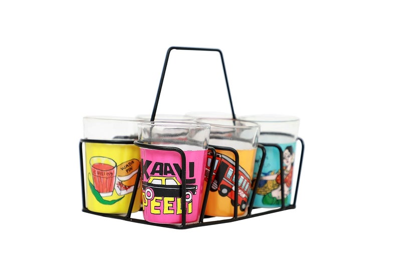 A Krazy Mug Multicolor Hand Painted Traditional Tapri Tea Glasses with Iron Container Stand Holder Set of 6 90ml - Image 4