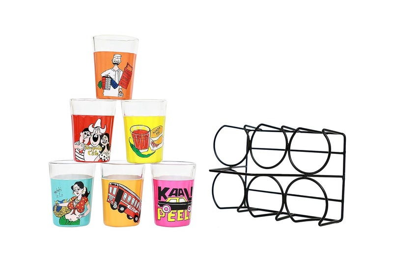 A Krazy Mug Multicolor Hand Painted Traditional Tapri Tea Glasses with Iron Container Stand Holder Set of 6 90ml - Image 2