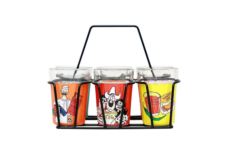 A Krazy Mug Multicolor Hand Painted Traditional Tapri Tea Glasses with Iron Container Stand Holder Set of 6 90ml - Image 5