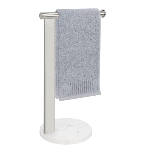 Siyzda Hand Towel Holder Stand for Bathroom, L- Shaped Standing Hand Towel Rack, Towel Bar Kitchen Vanity Countertop Organizer, SUS304 Stainless Steel Material (Marble Base, Brushed Nickel) - Image 1