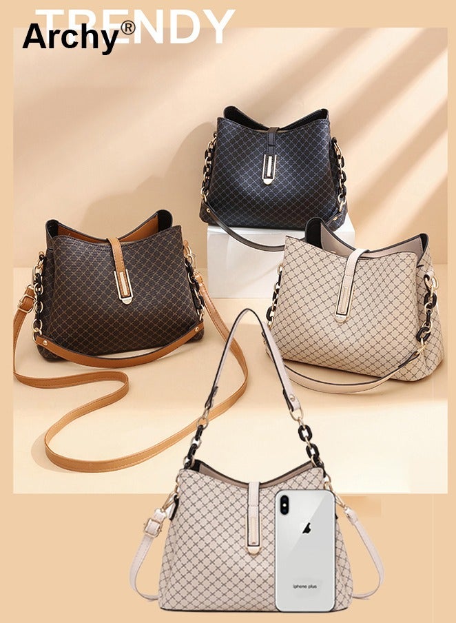 Archy Fashion-forward PU Leather Handbag for Women Elegant Shoulder Bag Quilted Patterned Crossbody Bag Vintage Magnetic Multi-Layer Bucket Bag All-match Style for Ladies/Mother - Image 4