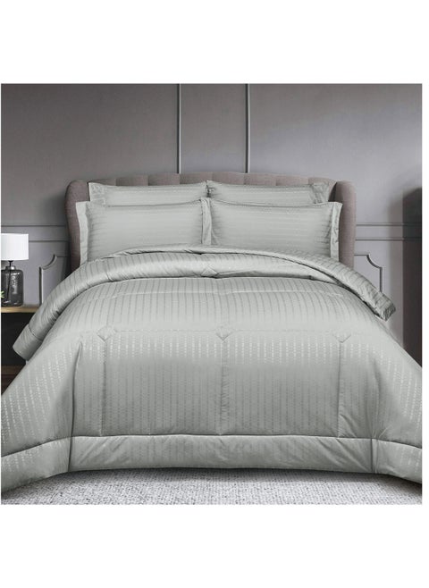 Hotel Style Comforter, 6-Pcs Double Size Quilted Comforter, Italian Jacquard With Non-Removable Quilt, Brushed Microfiber, Soft Down Alternative Filling, Grey