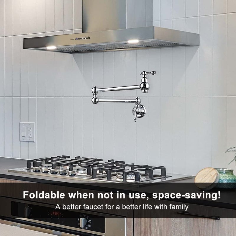 WOWOW Chrome Pot Filler Faucet - Brass Pot Filler Wall Mount Kitchen Stove Faucet with Double Joint Swing Arms - Image 3