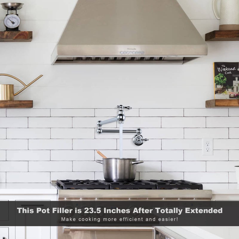 WOWOW Chrome Pot Filler Faucet - Brass Pot Filler Wall Mount Kitchen Stove Faucet with Double Joint Swing Arms - Image 2