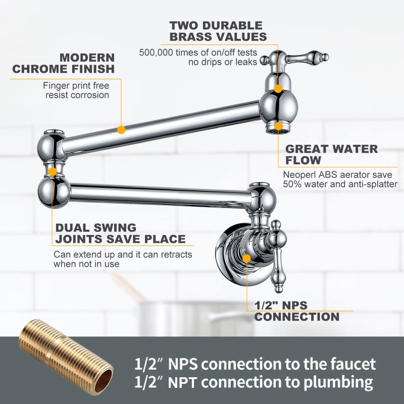 WOWOW Chrome Pot Filler Faucet - Brass Pot Filler Wall Mount Kitchen Stove Faucet with Double Joint Swing Arms - Image 5