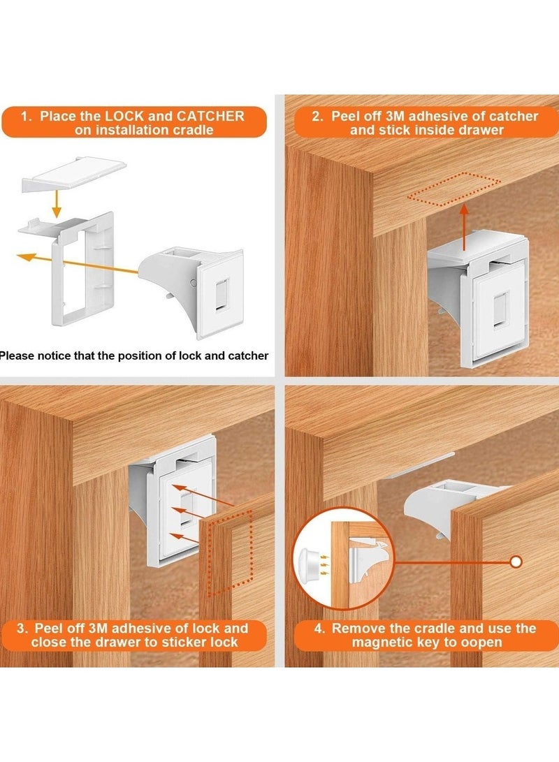 Baby Proofing Magnetic Cabinet Locks Child Safety Children Proof Cupboard Latches Baby Safety No Screws or Drilling (White/ 8 ; 2 Keys)  - Image 2