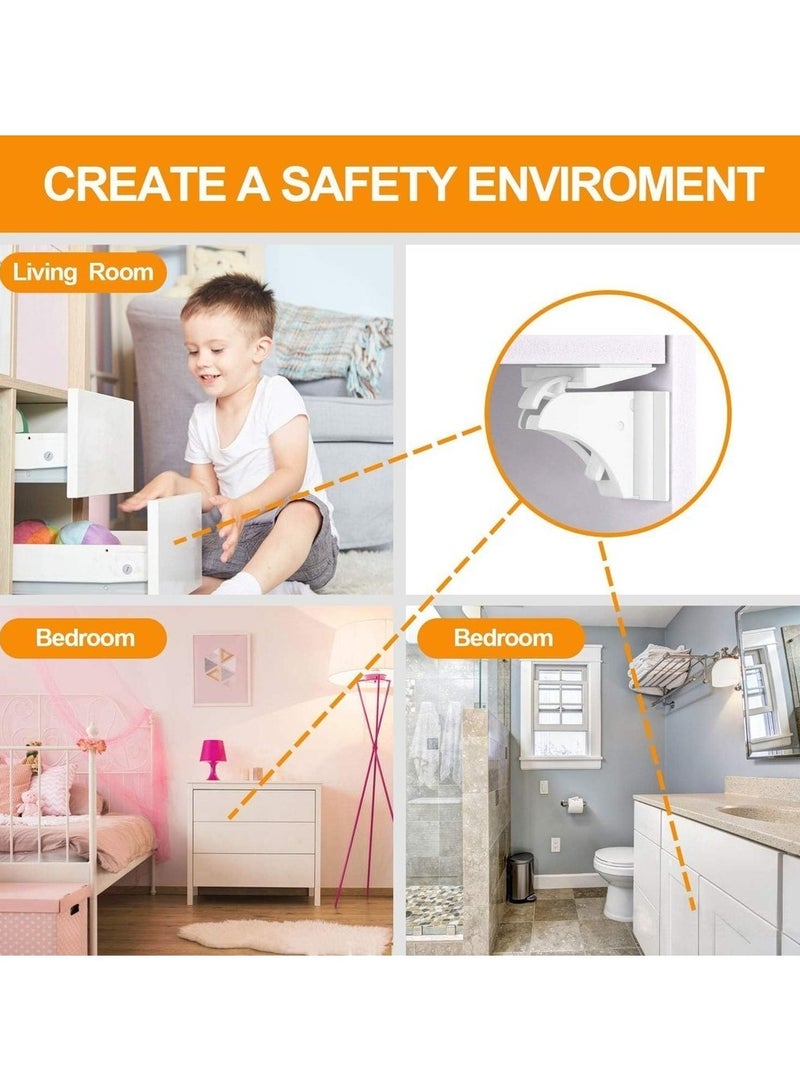 Baby Proofing Magnetic Cabinet Locks Child Safety Children Proof Cupboard Latches Baby Safety No Screws or Drilling (White/ 8 ; 2 Keys)  - Image 5