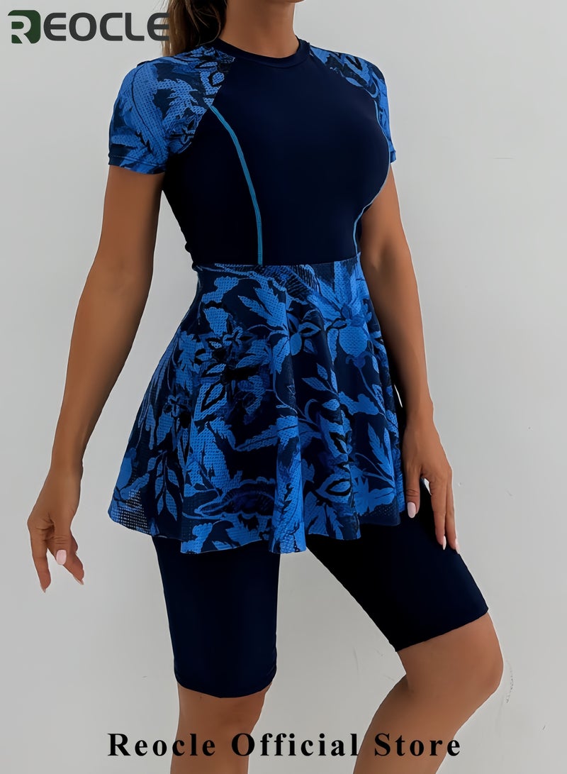 REOCLE Women Split Two-Piece Swimsuit Breathable Mesh Short Sleeve Floral Print Swim Dress with Boyshorts Modest Bathing Suit - Image 3