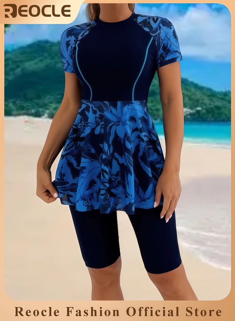 REOCLE Women Split Two-Piece Swimsuit Breathable Mesh Short Sleeve Floral Print Swim Dress with Boyshorts Modest Bathing Suit - Image 1