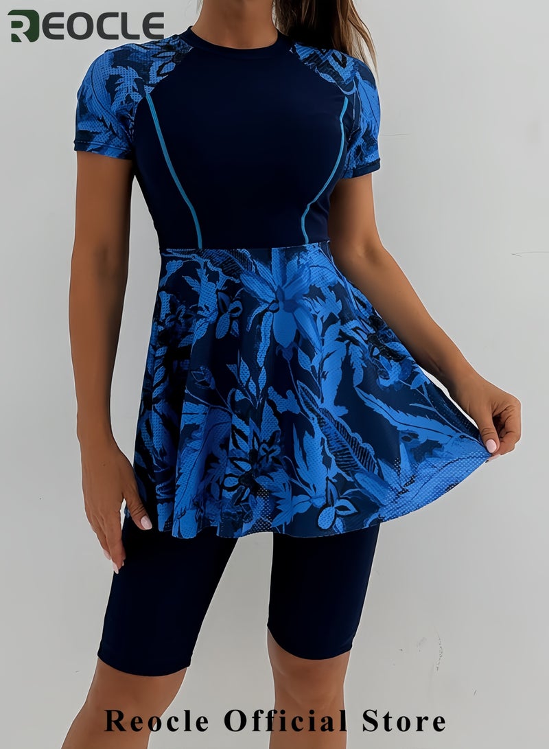 REOCLE Women Split Two-Piece Swimsuit Breathable Mesh Short Sleeve Floral Print Swim Dress with Boyshorts Modest Bathing Suit - Image 2