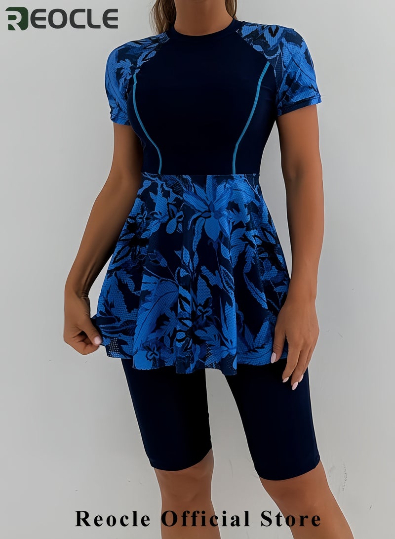 REOCLE Women Split Two-Piece Swimsuit Breathable Mesh Short Sleeve Floral Print Swim Dress with Boyshorts Modest Bathing Suit - Image 5