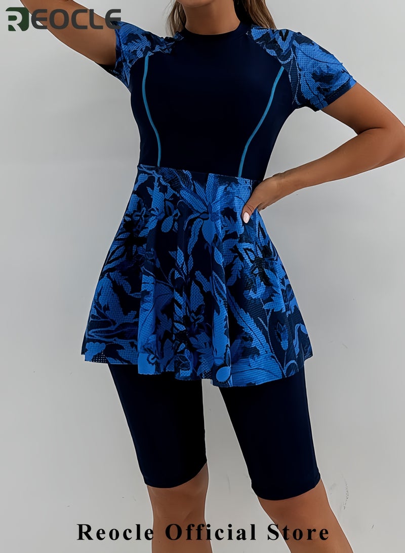 REOCLE Women Split Two-Piece Swimsuit Breathable Mesh Short Sleeve Floral Print Swim Dress with Boyshorts Modest Bathing Suit - Image 4