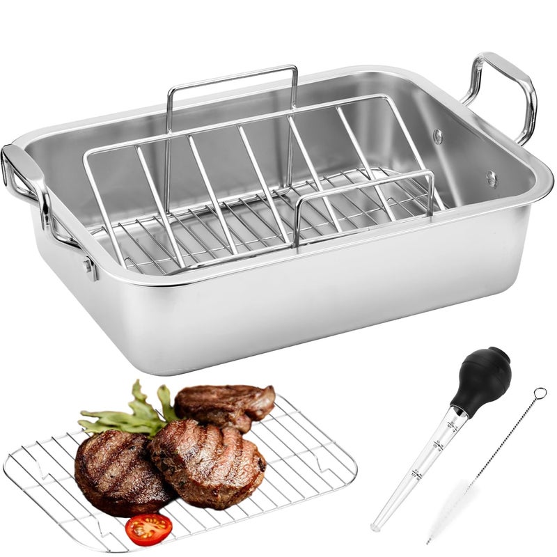 JY COOKMENT 15 Inch Stainless Steel Roasting Pan with VShaped Rack and Turkey Baster  Rectangular Roaster for Turkey Chicken Vegetables  Fits 20lb Turkey 