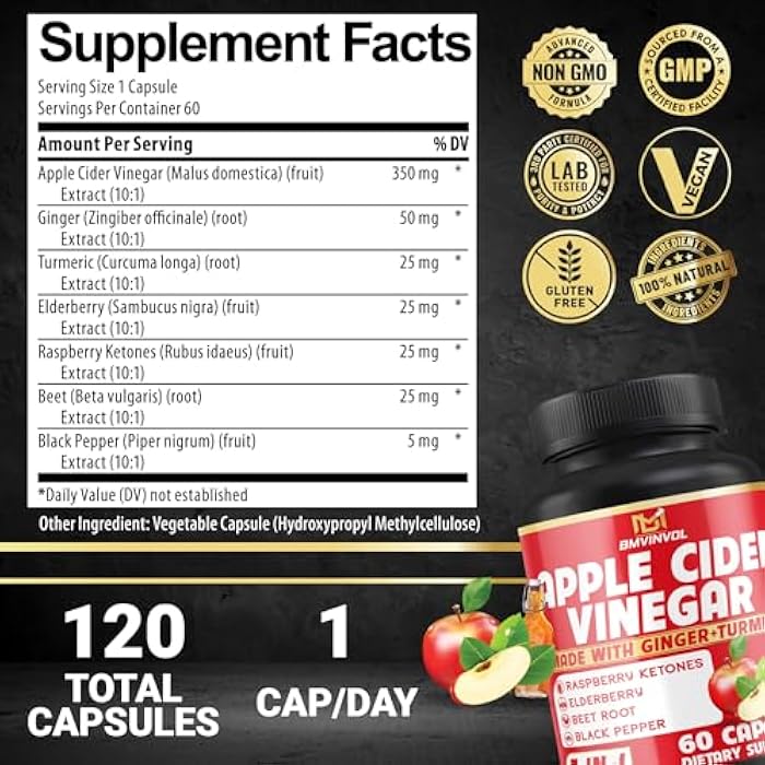 BMVINVOL (2 Packs) Apple Cider Vinegar Capsules with Ginger, Turmeric, Elderberry, Raspberry Ketones, Beet Root, Black Pepper - 7in1 for Supports Digestion, Detox & Immune - 4 Months Supply - Image 2