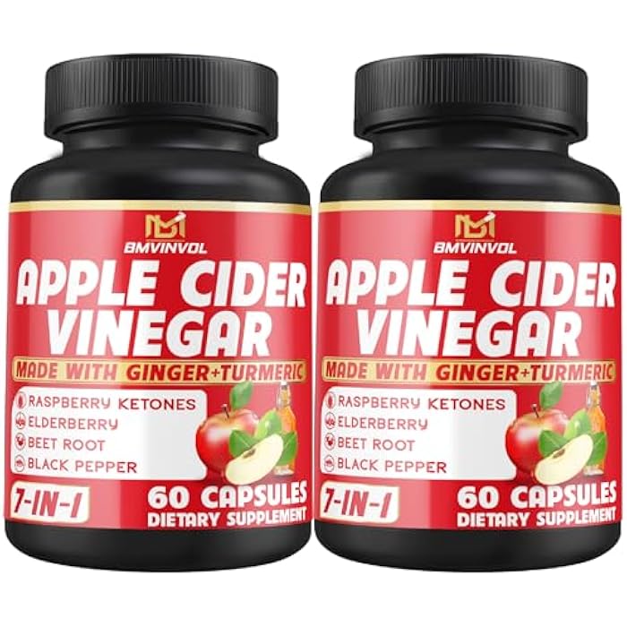BMVINVOL (2 Packs) Apple Cider Vinegar Capsules with Ginger, Turmeric, Elderberry, Raspberry Ketones, Beet Root, Black Pepper - 7in1 for Supports Digestion, Detox & Immune - 4 Months Supply - Image 1