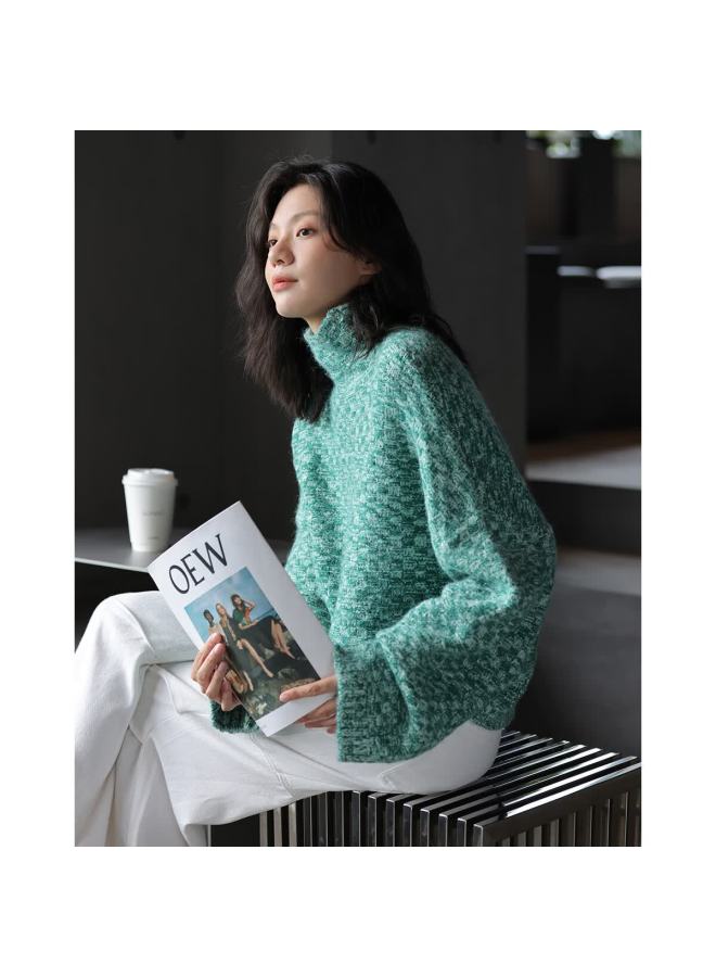 dme Demana Atmosphere Turtleneck Sweater Winter High-neck Long Sleeve Plaid Loose Knit Top For Women - Image 1