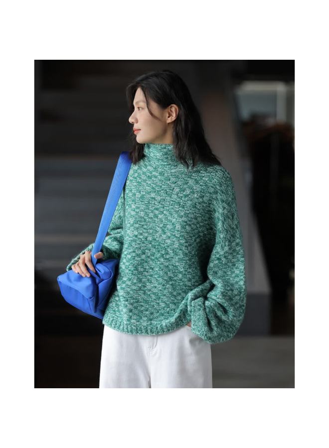 dme Demana Atmosphere Turtleneck Sweater Winter High-neck Long Sleeve Plaid Loose Knit Top For Women - Image 2