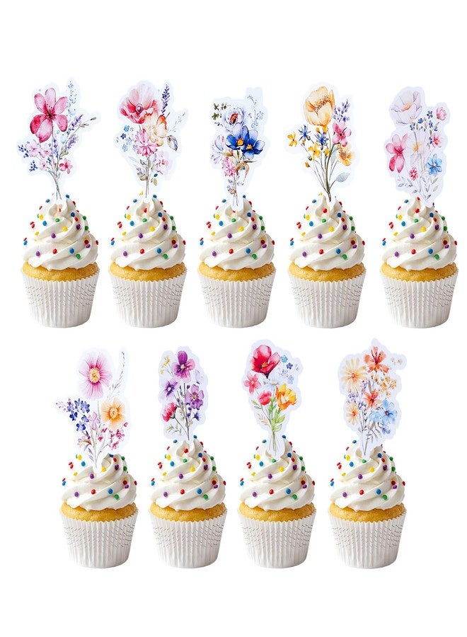 ishua 54PCS Double-Sided Wildflower Print Cupcake Toppers Birthday Decorations for Spring Garden Parties, Birthday Cakes & Dessert Tables, Party Supplies - Image 1