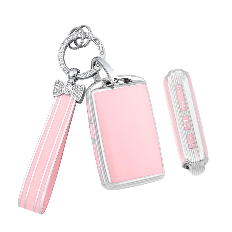 PIFOOG TPU Key Fob Cover with Bling Car Keychain Pink Big Silver Edge (for Nisan 5 Buttons-B)