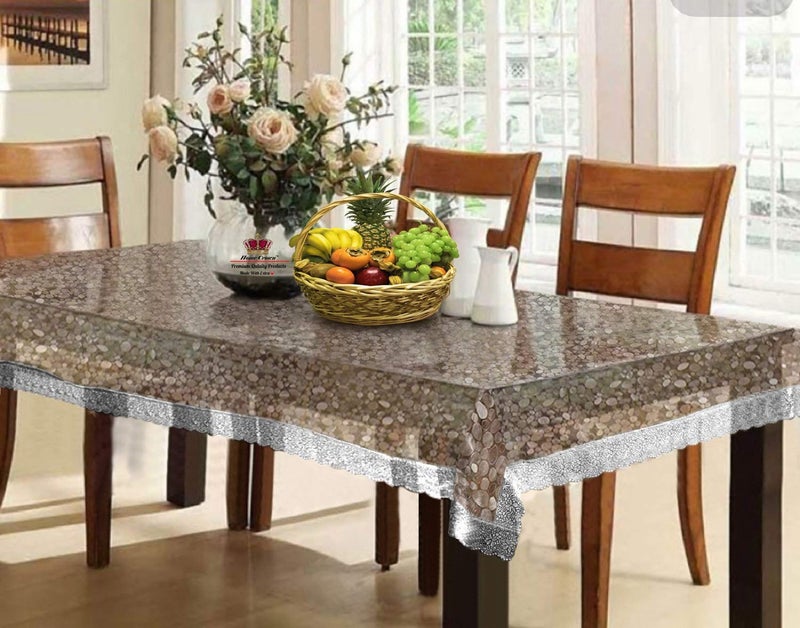 HOMECROWN Waterproof 3D Pattern Transparent PVC Plastic Flowered Rectangular 6 Seater Dining Table Cover with Embroidered Silver Lace Border (Size 90 X 60 Inches, Clear, Pack of 1) - Image 1